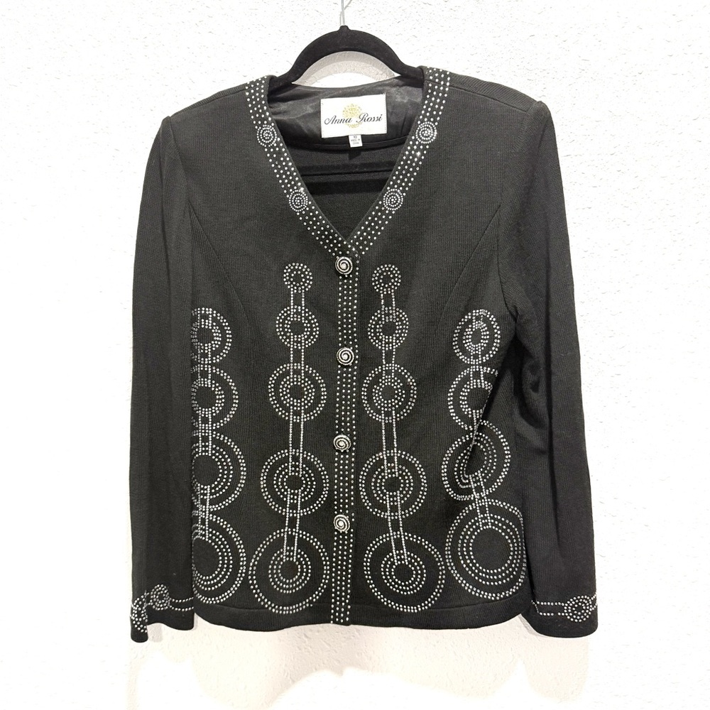 Anna Rossi wool‎ blend rhinestone circular geometric pattern Black Cardigan 10